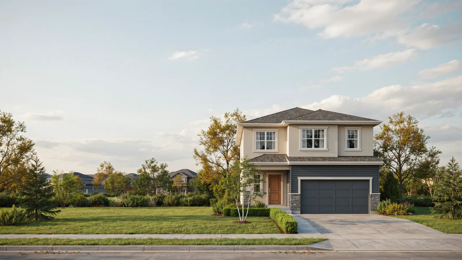 A two storey suburban house at dusk, a home whose owner is behind on mortgage payments in Okotoks
