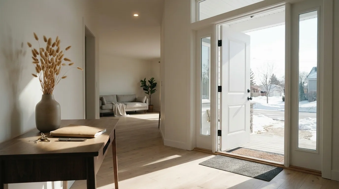 An open front door onto a bright hallway, the alternatives to foreclosure still open in Okotoks