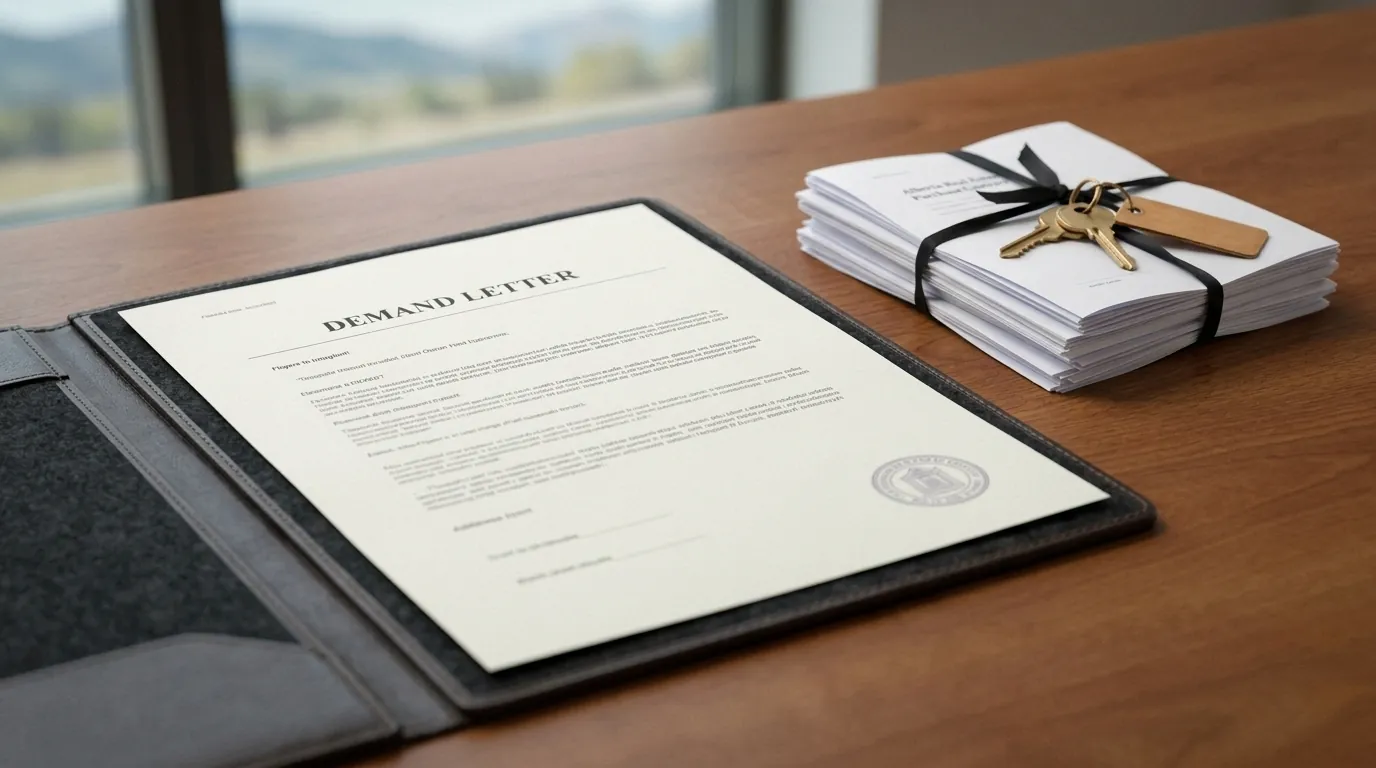 Mortgage paperwork and a demand letter on a desk, refinancing to stop foreclosure in Okotoks