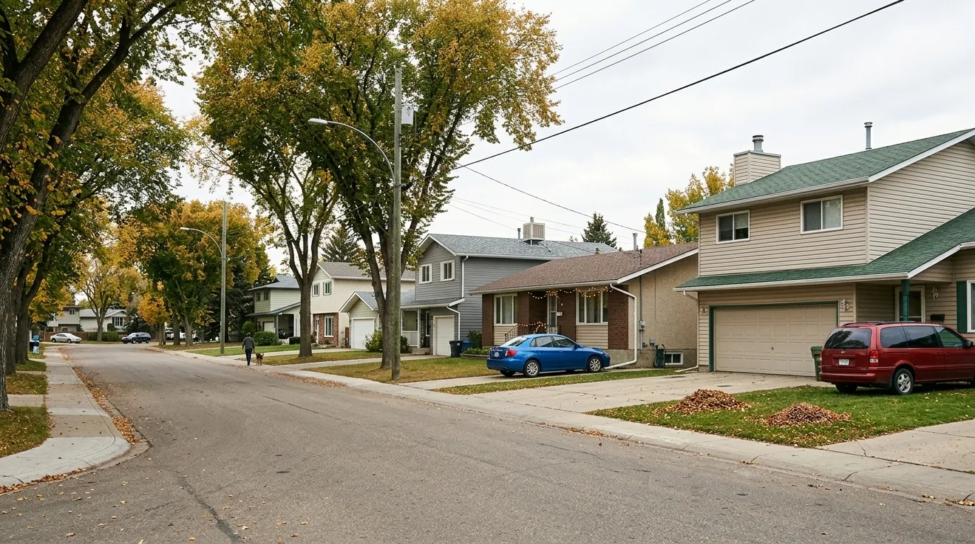 An ordinary residential street of Okotoks homes, where a foreclosure can reach any stage of the process